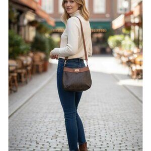 Jones New York Brown Signature Monogram Vinyl Crossbody Shoulder Bag W/Adj strap